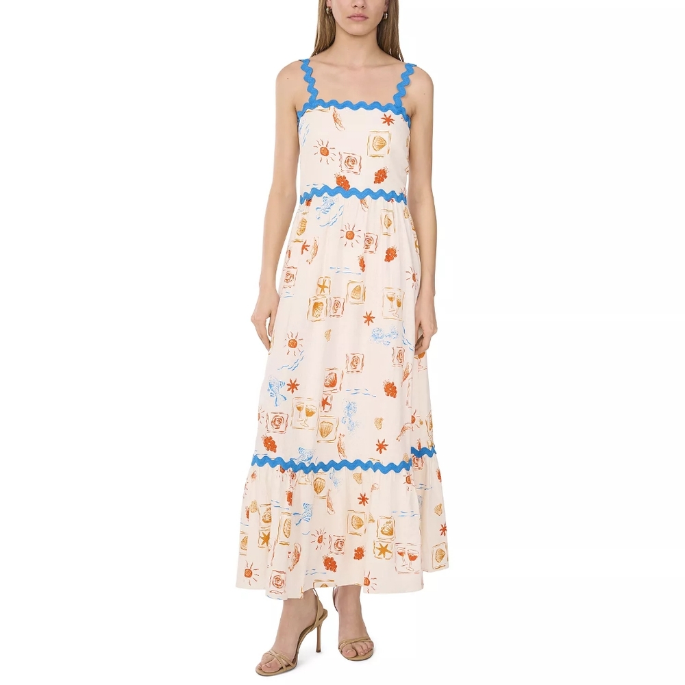 CeCe Cream Maxi Dress with Blue Trim Spring Summer Woman Dress